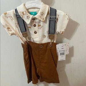 Disney Baby Cream Polo with Brown Animal Print and Navy Striped Suspenders